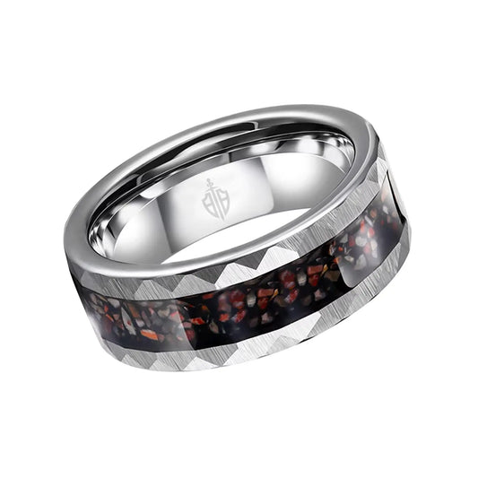 Hammered silver tungsten men’s wedding ring with dinosaur bone and opal inlay – a unique and durable band blending history and elegance.