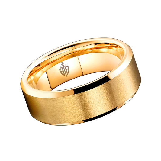 Men's Brushed Gold Tungsten Wedding Ring – Stylish and durable tungsten wedding band with a brushed gold finish, offering a modern yet timeless look for grooms. Scratch-resistant and designed for long-lasting wear.