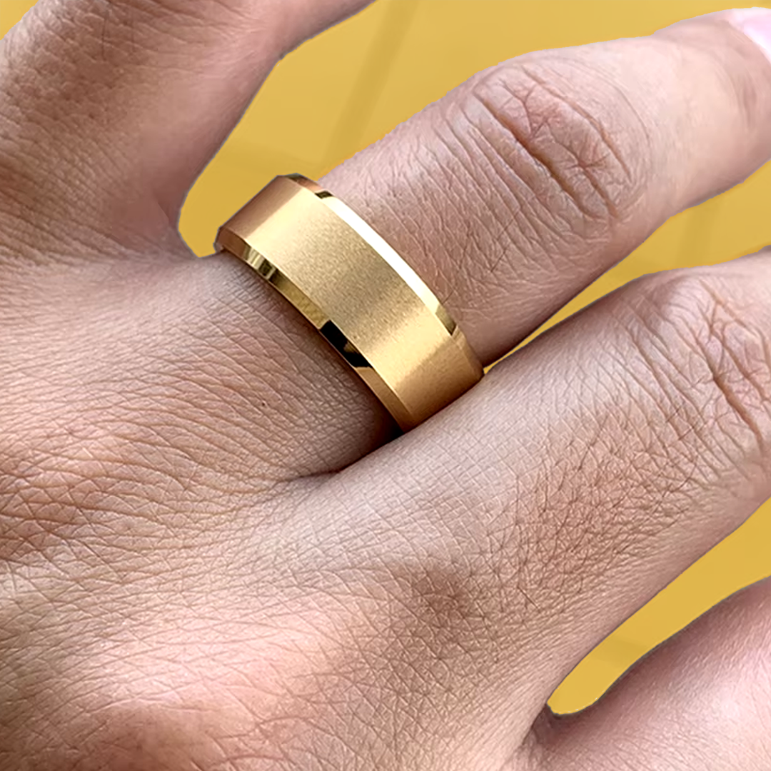 Men's Brushed Gold Tungsten Wedding Ring – Stylish and durable tungsten wedding band with a brushed gold finish, offering a modern yet timeless look for grooms. Scratch-resistant and designed for long-lasting wear.