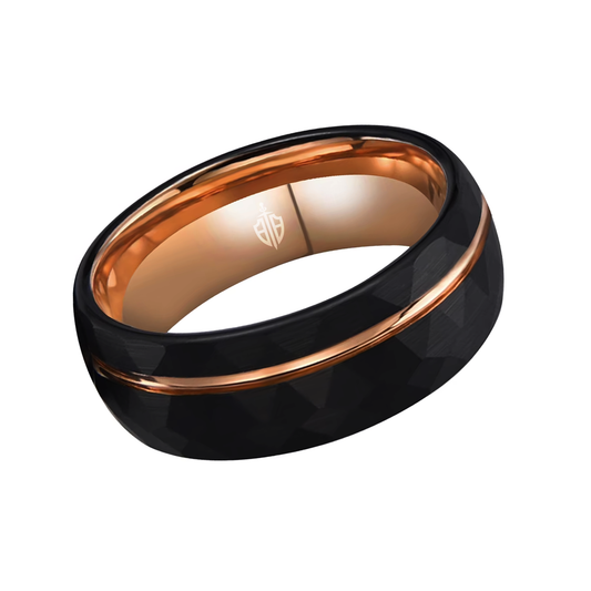 Hammered black and rose gold tungsten men's wedding ring – a bold and durable band with a modern two-tone design.