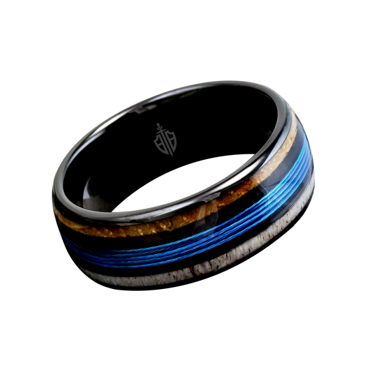 Wood and tungsten men's wedding ring with fishing line inlay – a rugged yet unique band, perfect for anglers and outdoor enthusiasts.