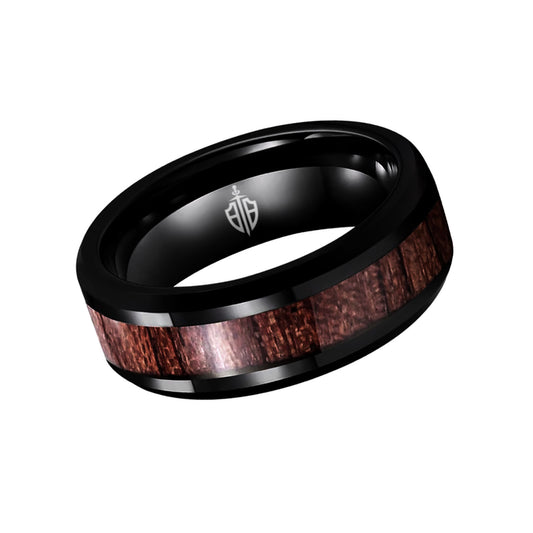 Men's wedding band made with tungsten and wood.