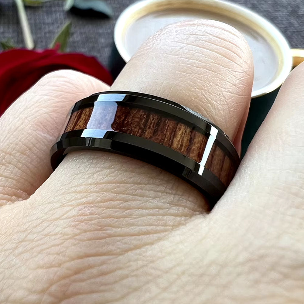 Men's wedding band made with tungsten and wood.