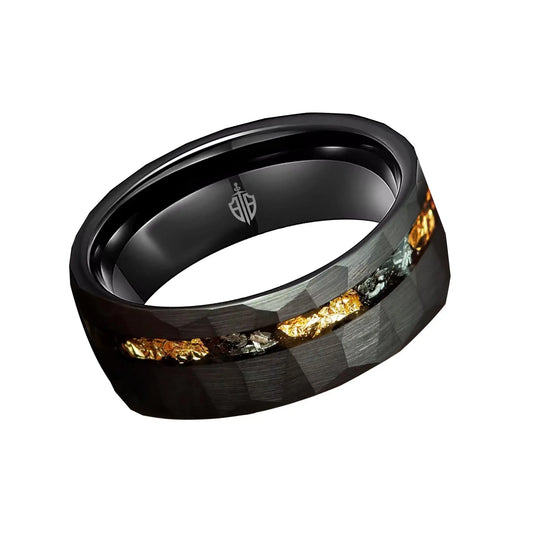 Black hammered tungsten men's wedding ring with black opal and gold inlay – a bold and distinctive band featuring a unique combination of opal and gold accents.