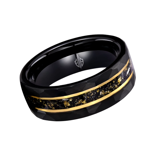 Black hammered tungsten ring with opal and gold inlay – a rugged yet elegant men's wedding band with a unique blend of durability and style.