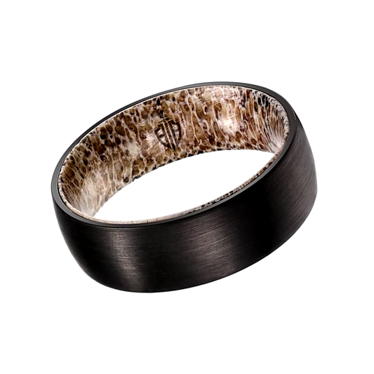 Durable and scratch-resistant tungsten and antler wedding ring for men with a modern brushed finish.