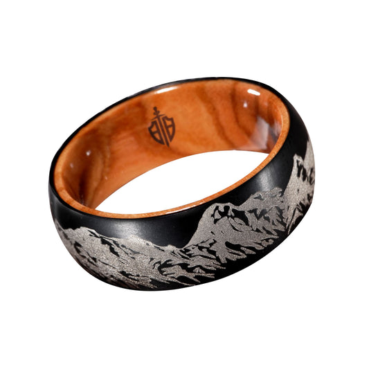 Men's wedding band made with tungsten and wood.