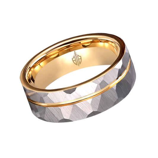 Silver and gold tungsten hammered men's wedding band with a rugged, textured finish – durable and stylish for a unique wedding ring.