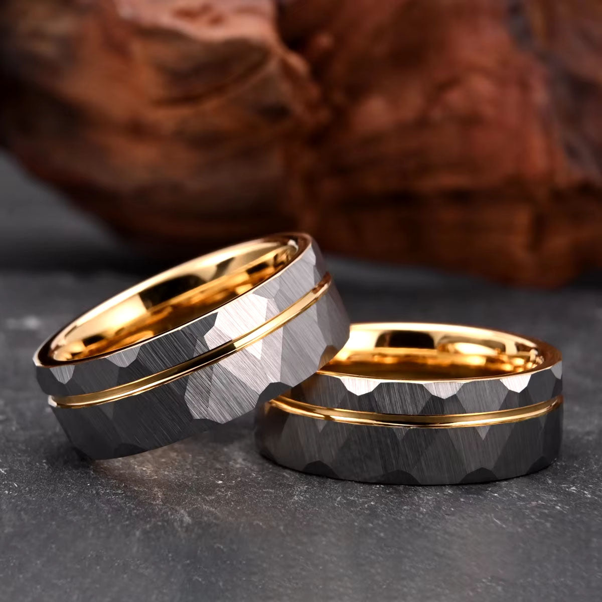 Silver and gold tungsten hammered men's wedding band with a rugged, textured finish – durable and stylish for a unique wedding ring.