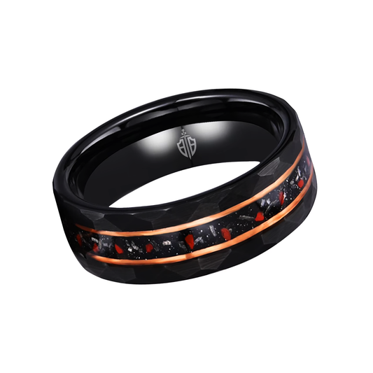 Black hammered tungsten men's wedding ring with dinosaur bone and opal inlay – a bold and unique band combining prehistoric materials with modern design.