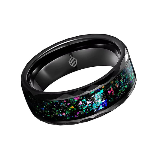 Black Tungsten Opal Wedding Ring for Men – Bold and durable black tungsten wedding band featuring an inlaid opal strip, combining modern design with vibrant, iridescent colors. Perfect for grooms seeking a unique and stylish ring.