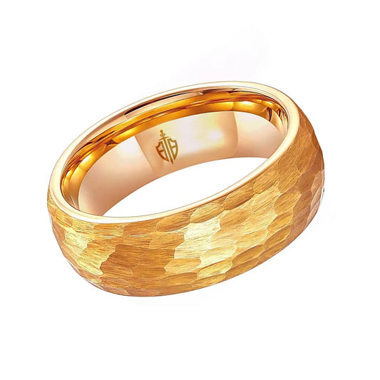 Hammered gold tungsten men's wedding ring – a durable and stylish band with a unique textured finish for a modern wedding look.