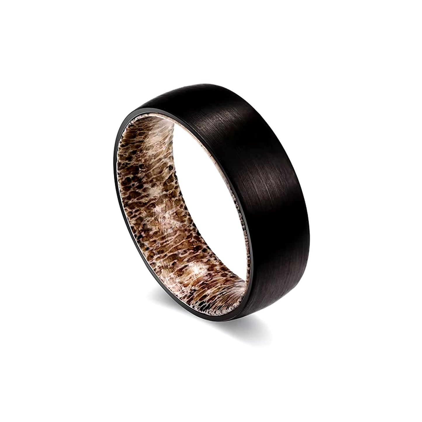 Durable and scratch-resistant tungsten and antler wedding ring for men with a modern brushed finish.